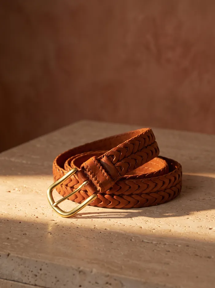 A hand-braided tan leather belt coiled on travertine in a shaft of golden light