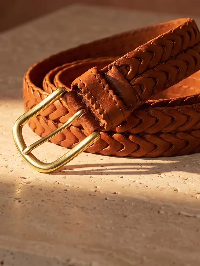 An uncoated brass buckle on a hand-braided leather belt in golden light