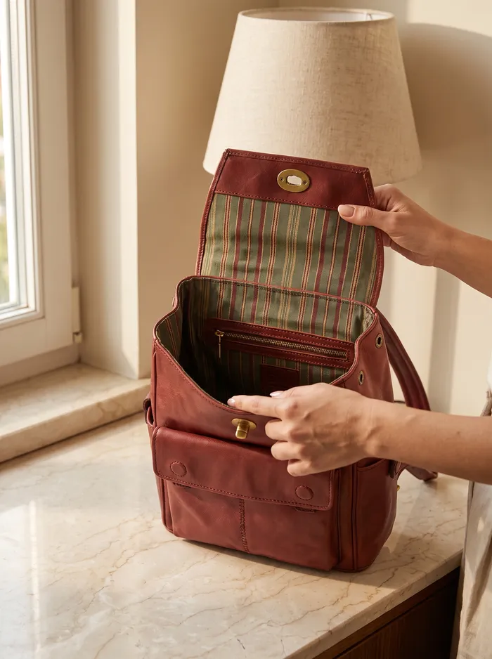 Hands opening a brick leather backpack to show its striped kutnu lining