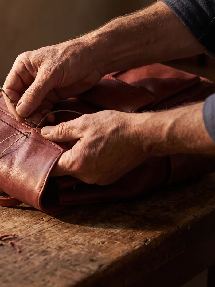 Hands drawing a saddle stitch through a brick leather flap
