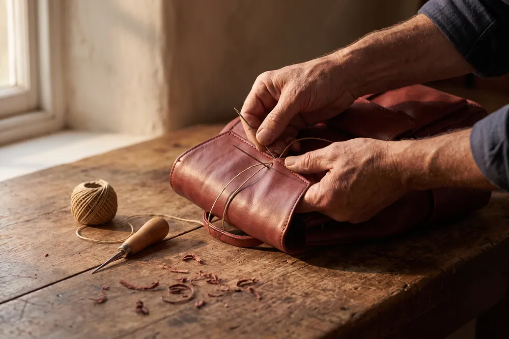 An artisan’s hands saddle-stitching a brick leather flap at a wooden workbench