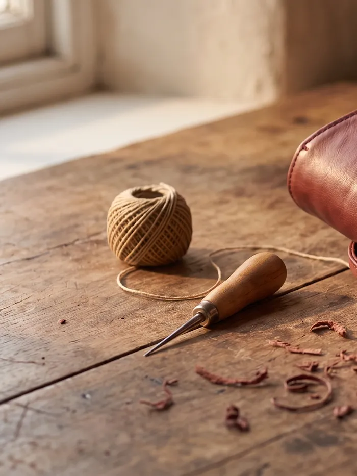 An awl, waxed thread and leather shavings on a worn wooden workbench
