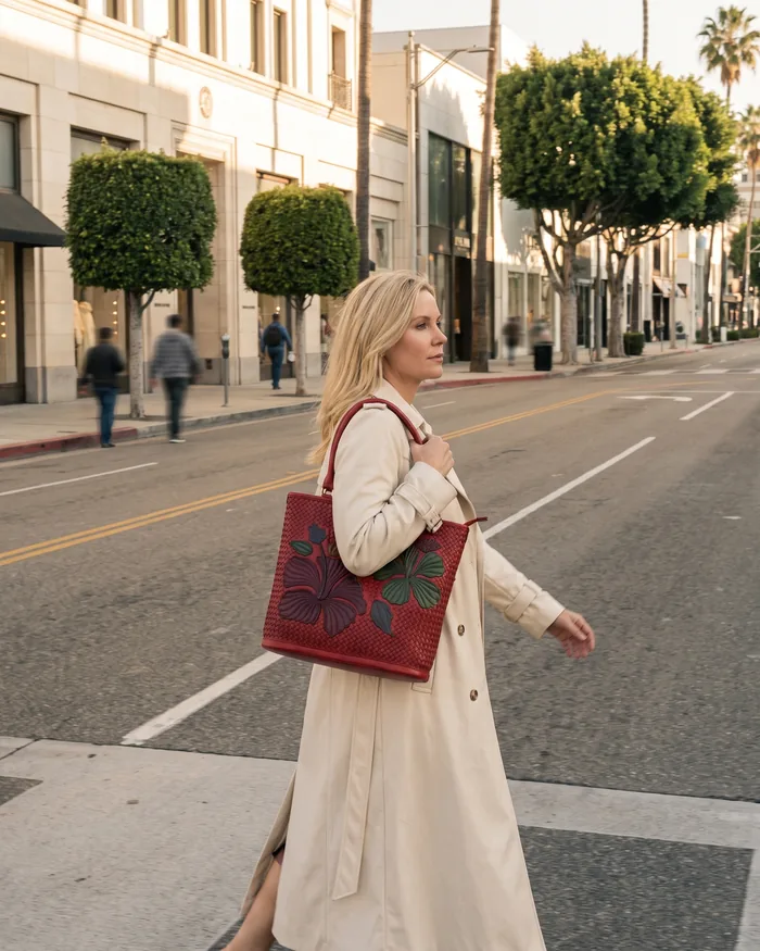 A woman in a cream trench crossing a Beverly Hills street with a deep red woven leather tote on her shoulder