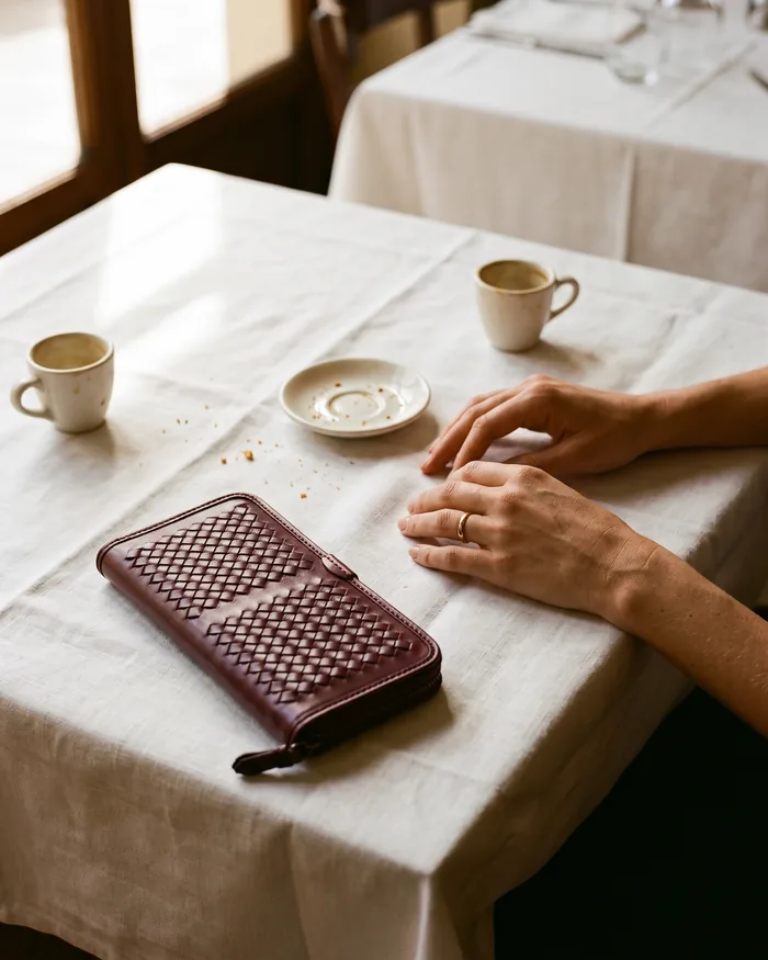 Hands resting on white linen at the end of a meal, beside an open plum woven leather wallet