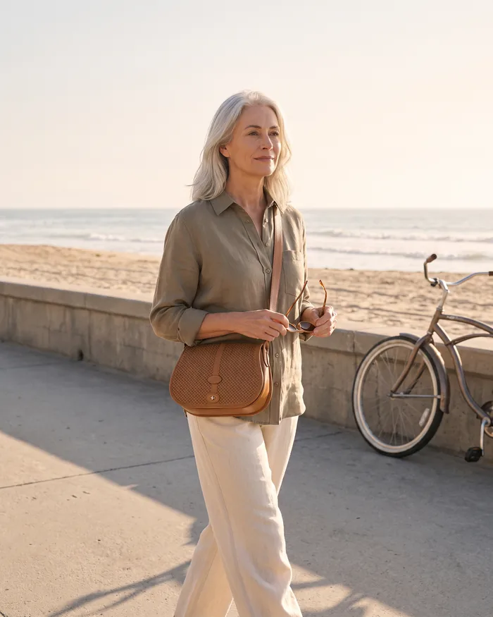 A silver-haired woman walking the beach path with a camel woven crossbody, a cruiser bicycle behind her