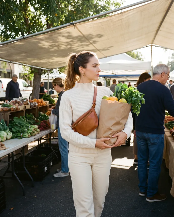 A woman at a farmers market carrying a paper bag of produce, a tan leather belt bag worn across her chest
