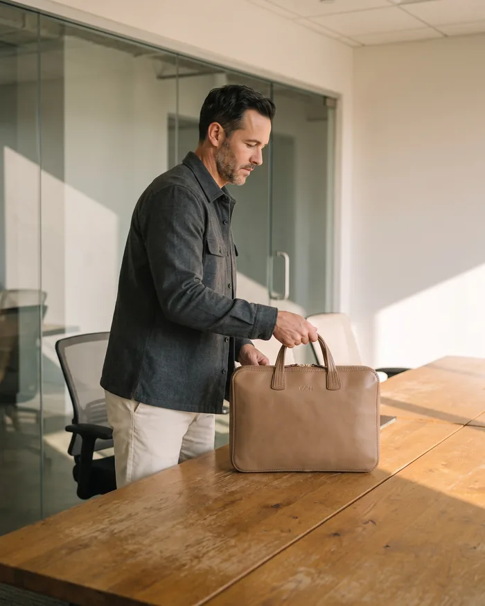 A man setting a slim taupe leather briefcase down on a long oak meeting table in morning light