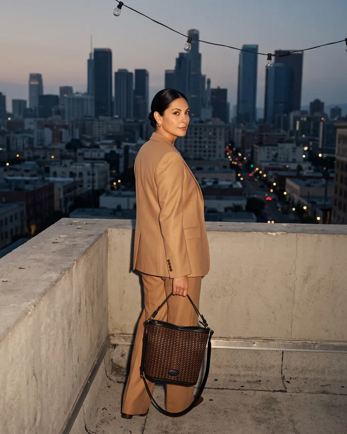 A woman on a downtown rooftop at dusk with a dark woven leather bucket bag in her hand, the city behind her