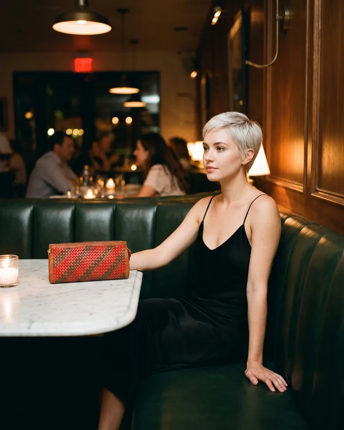 A woman at a candlelit restaurant banquette with a woven leather clutch on the marble table beside her