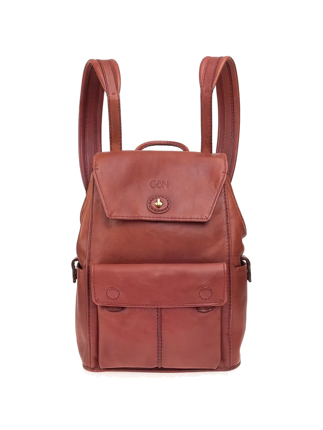 GÖN brick red leather backpack with flap top and horn hardware