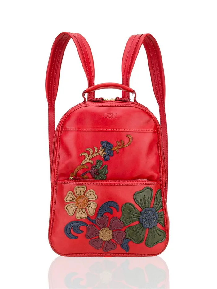 GÖN red leather backpack with flower appliqué