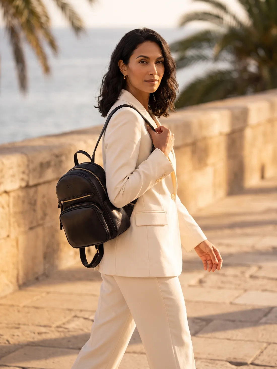 GÖN Handmade Mini Leather Backpack worn — carried in Black, from the campaign