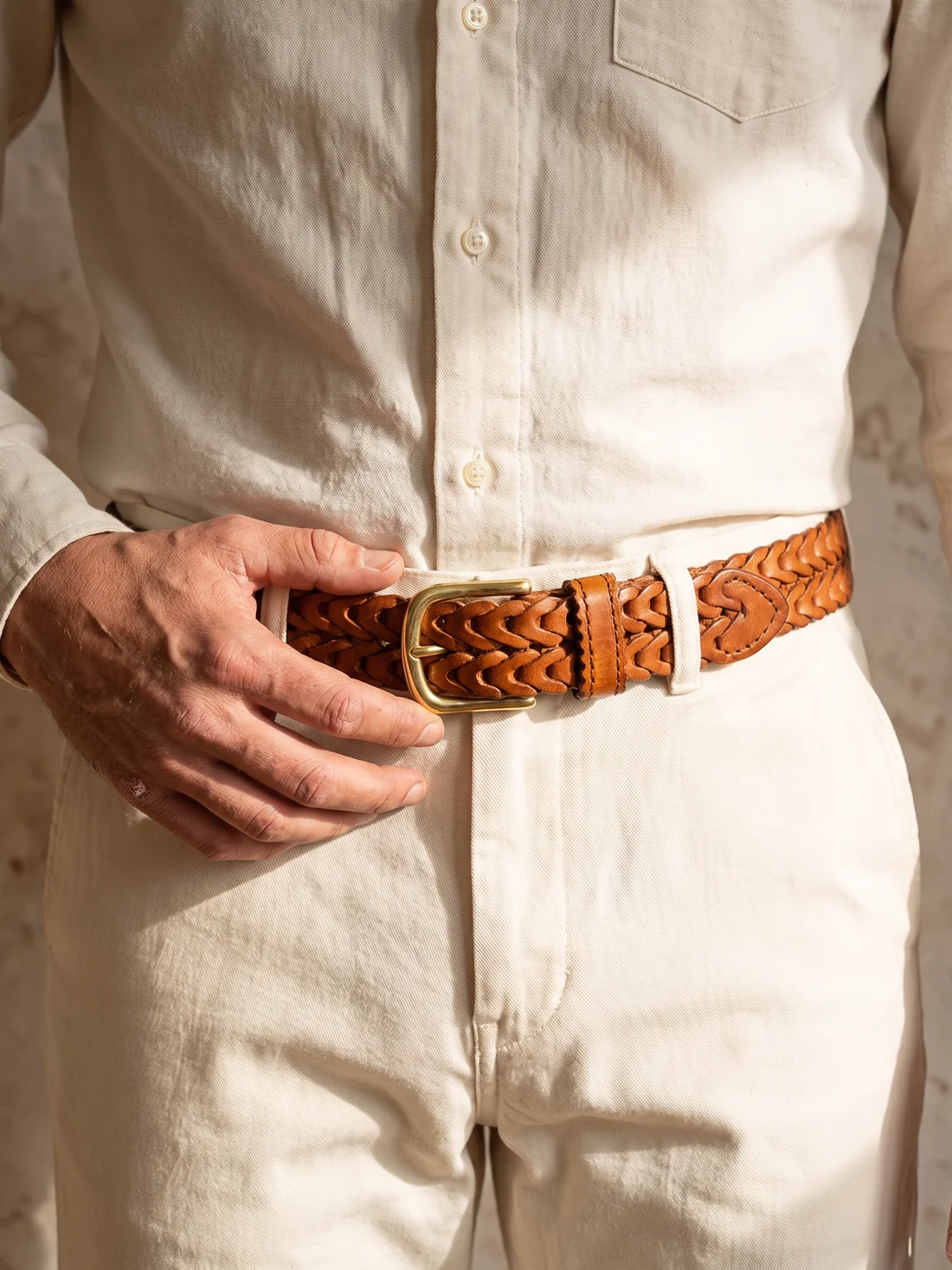 GÖN Handmade Braided Leather Belt worn — carried in Tan, from the campaign