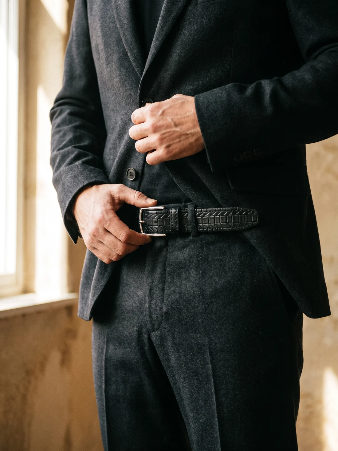 GÖN Handmade Embossed Leather Belt worn — carried in Black, from the campaign