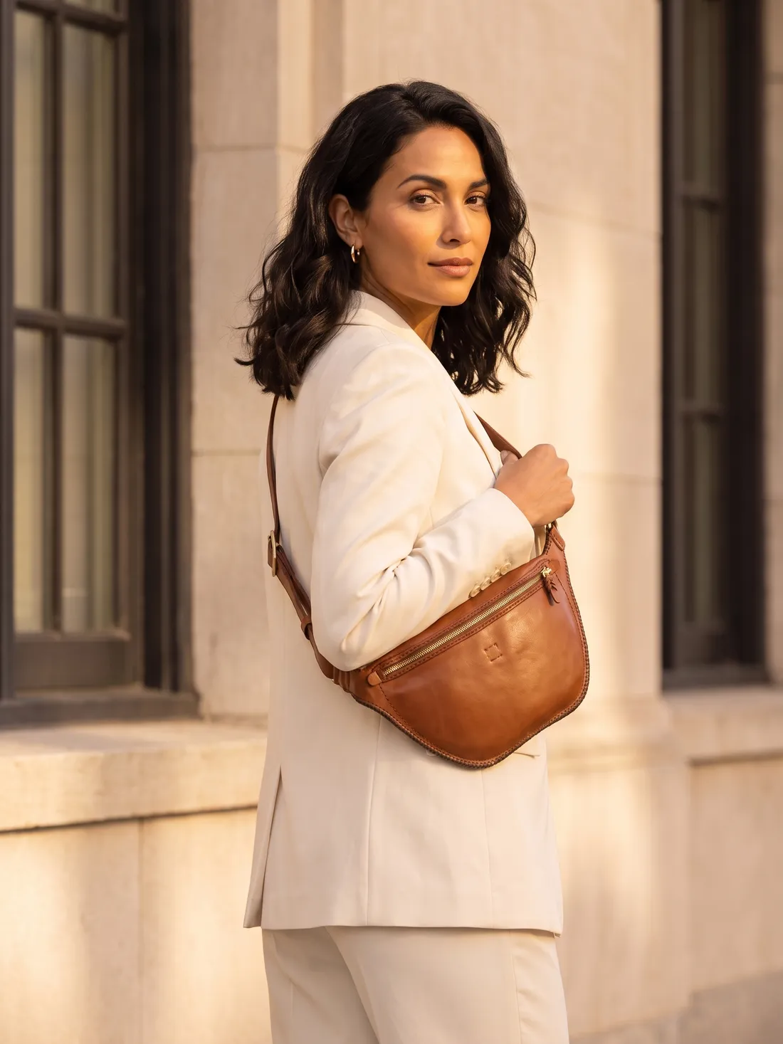 GÖN Handmade Selp Belt Bag worn — carried in Tan, from the campaign