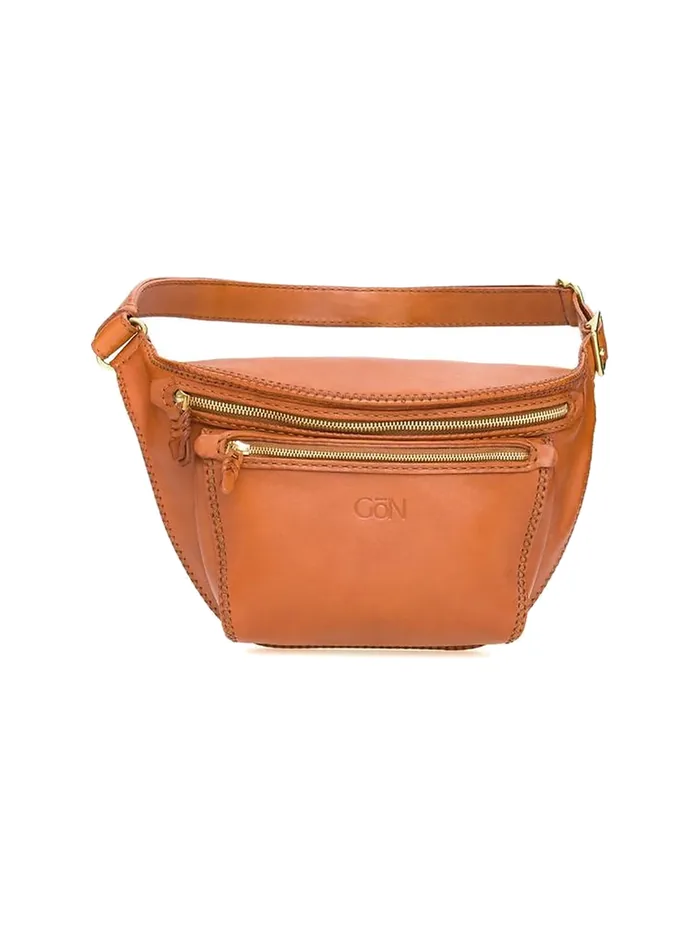 GÖN tan double-zip leather belt bag