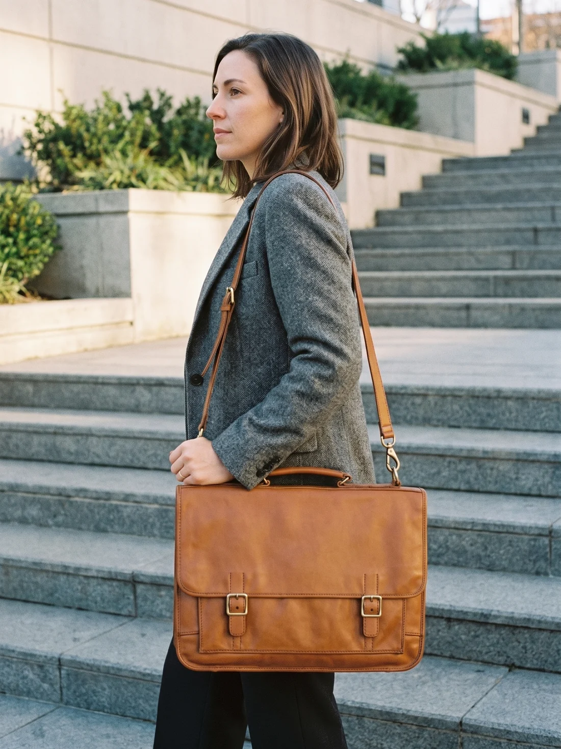 GÖN Handmade Holm Briefcase worn — carried in Tan, from the campaign