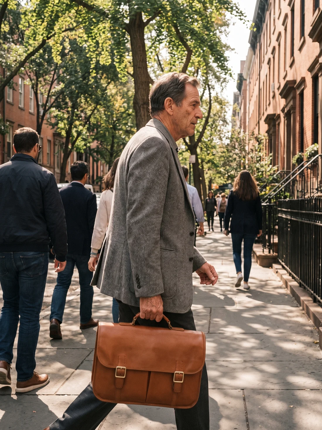 GÖN Handmade Lupe Briefcase worn — carried in Tan, from the campaign