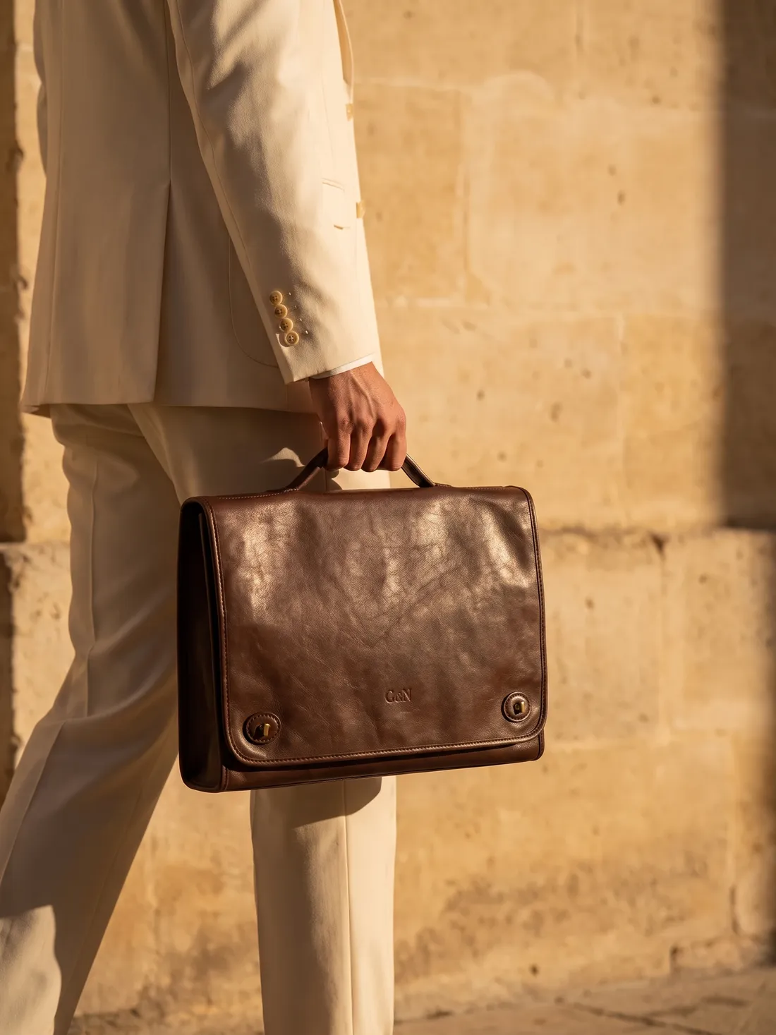 GÖN Handmade Mako Briefcase worn — carried in Coffee, from the campaign