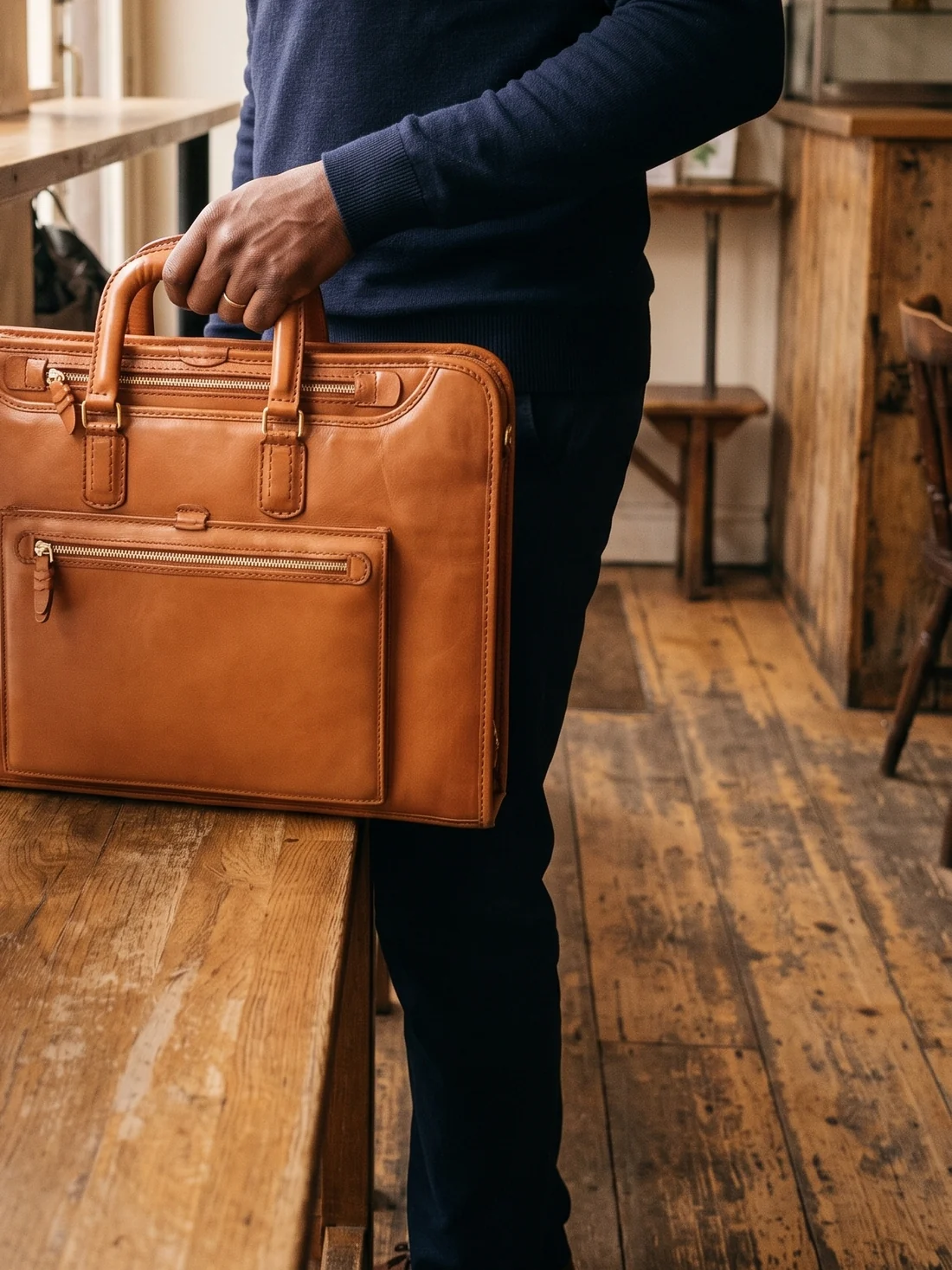 GÖN Handmade Lebi Briefcase worn — carried in Tan, from the campaign