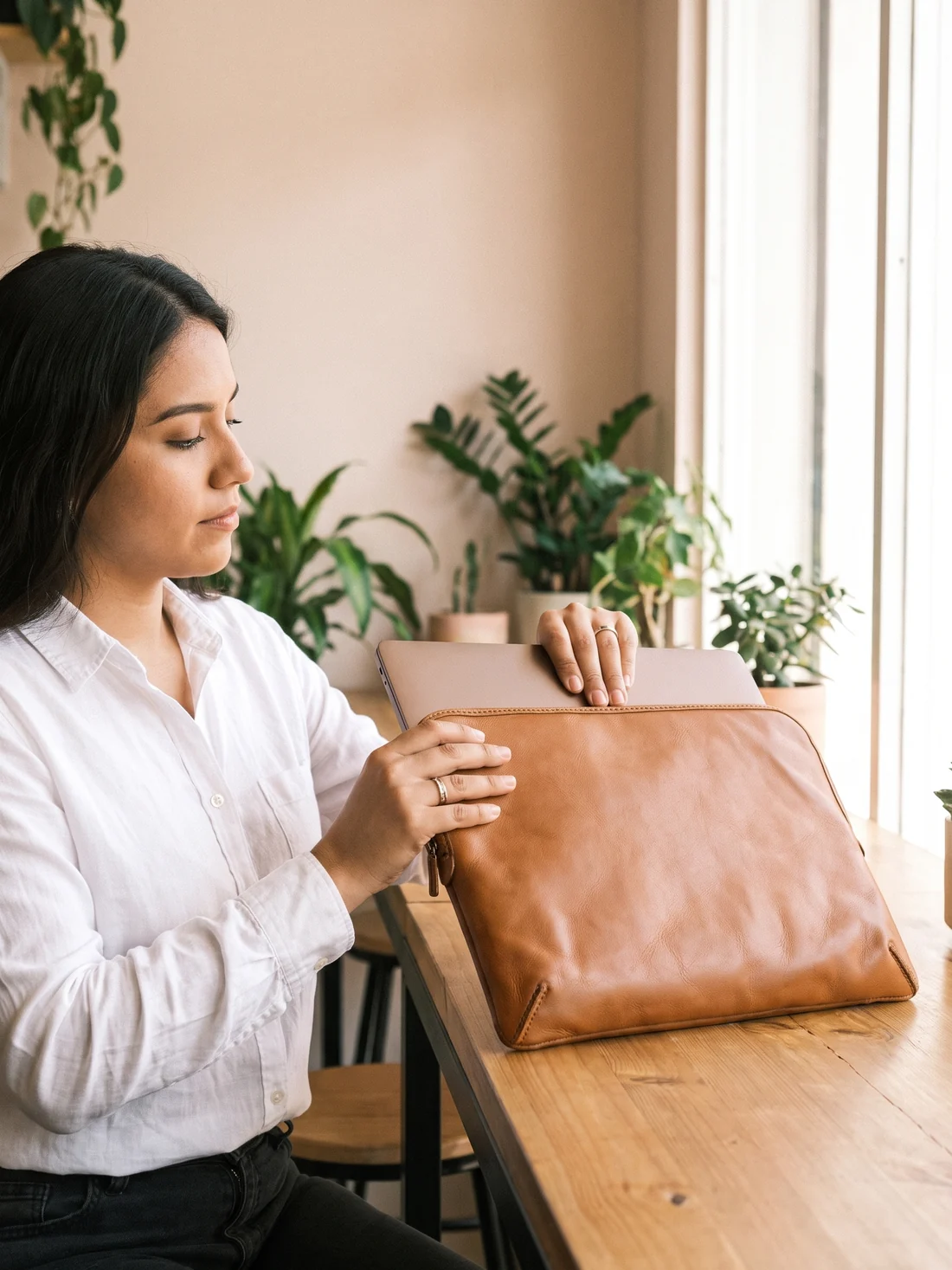 GÖN Handmade Celes Laptop Sleeve worn — carried in Tan, from the campaign