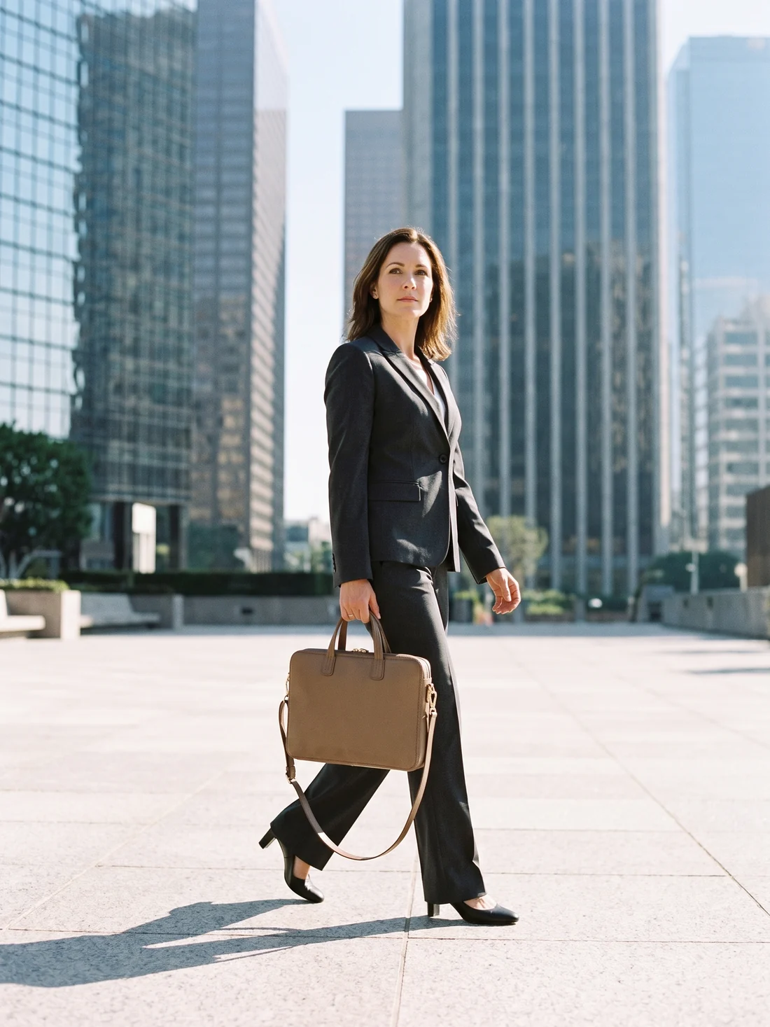 GÖN Handmade Slim Leather Briefcase worn — carried in Taupe, from the campaign