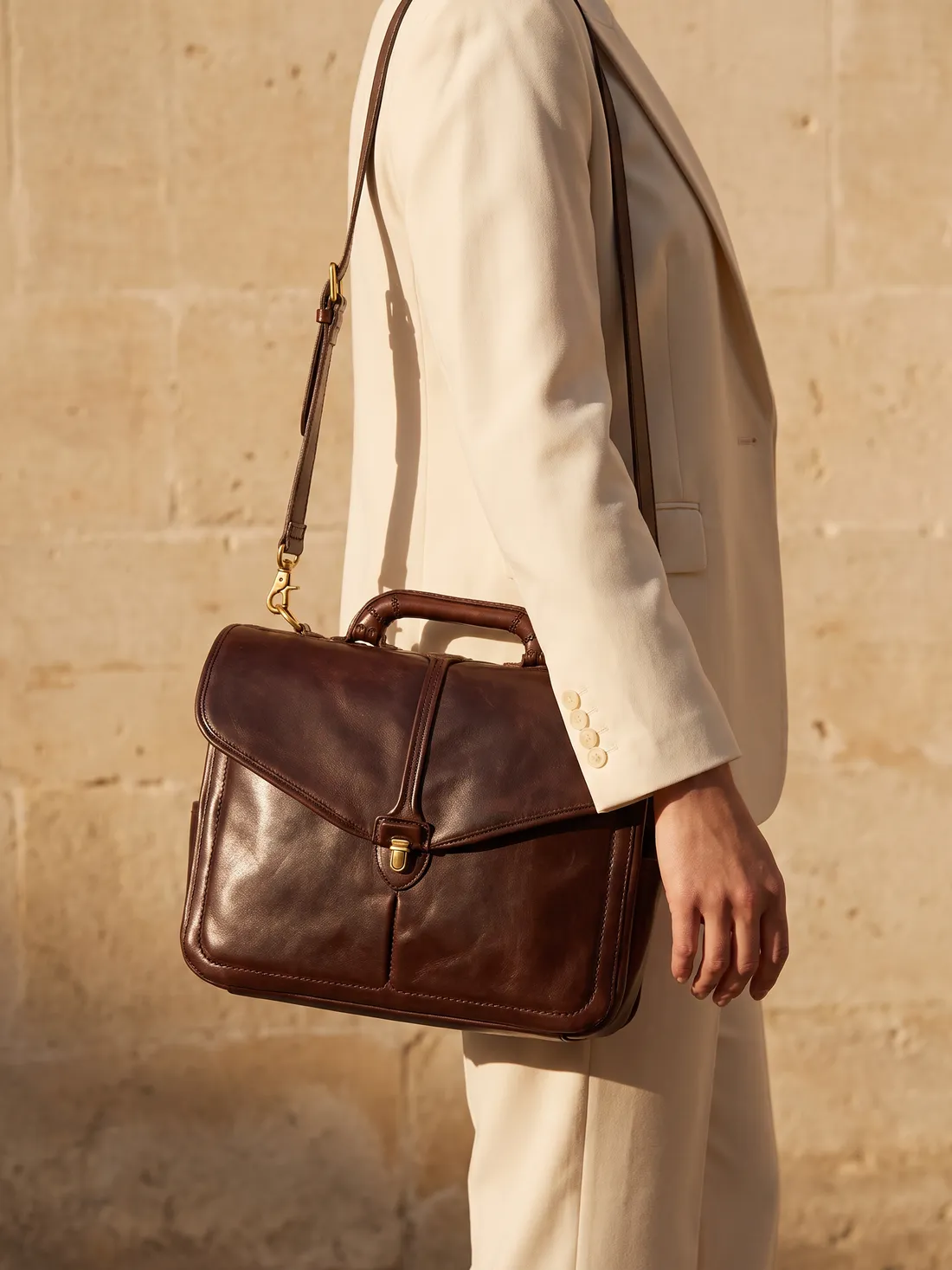 GÖN Handmade Flap Leather Briefcase worn — carried in Coffee, from the campaign