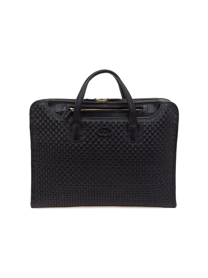 GÖN black woven-texture leather portfolio briefcase