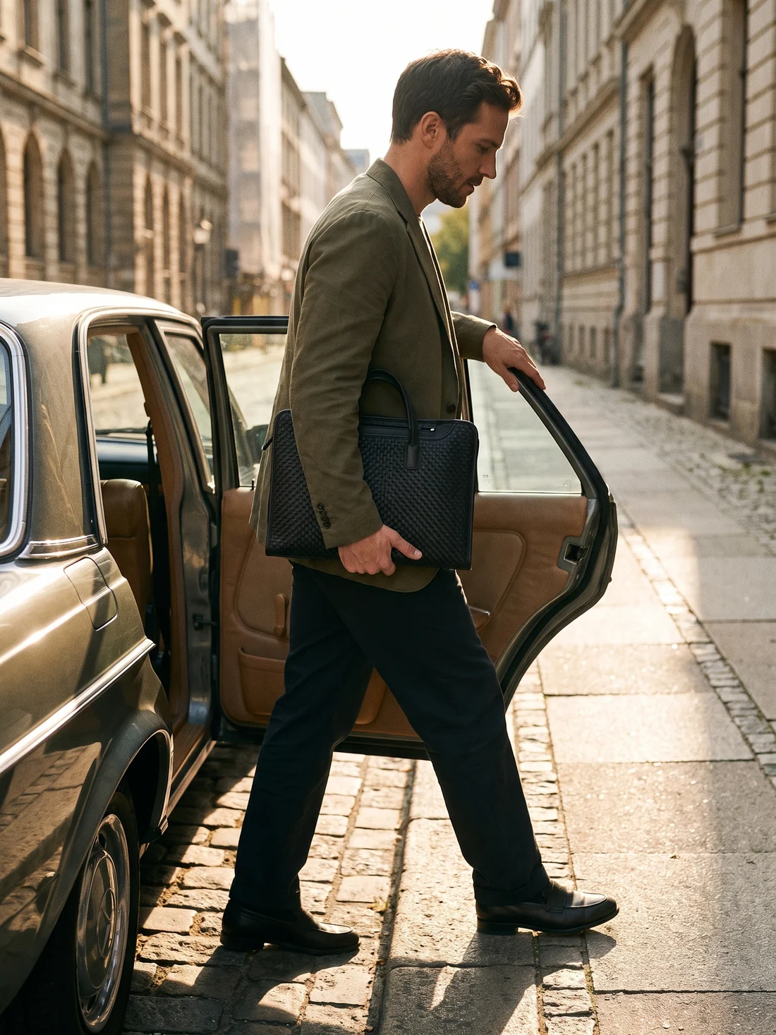 GÖN Handmade Woven Portfolio Briefcase worn — carried in Black, from the campaign