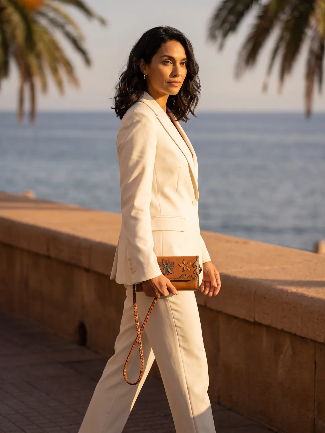 GÖN Handmade Suana Clutch worn — carried in Tan, from the campaign