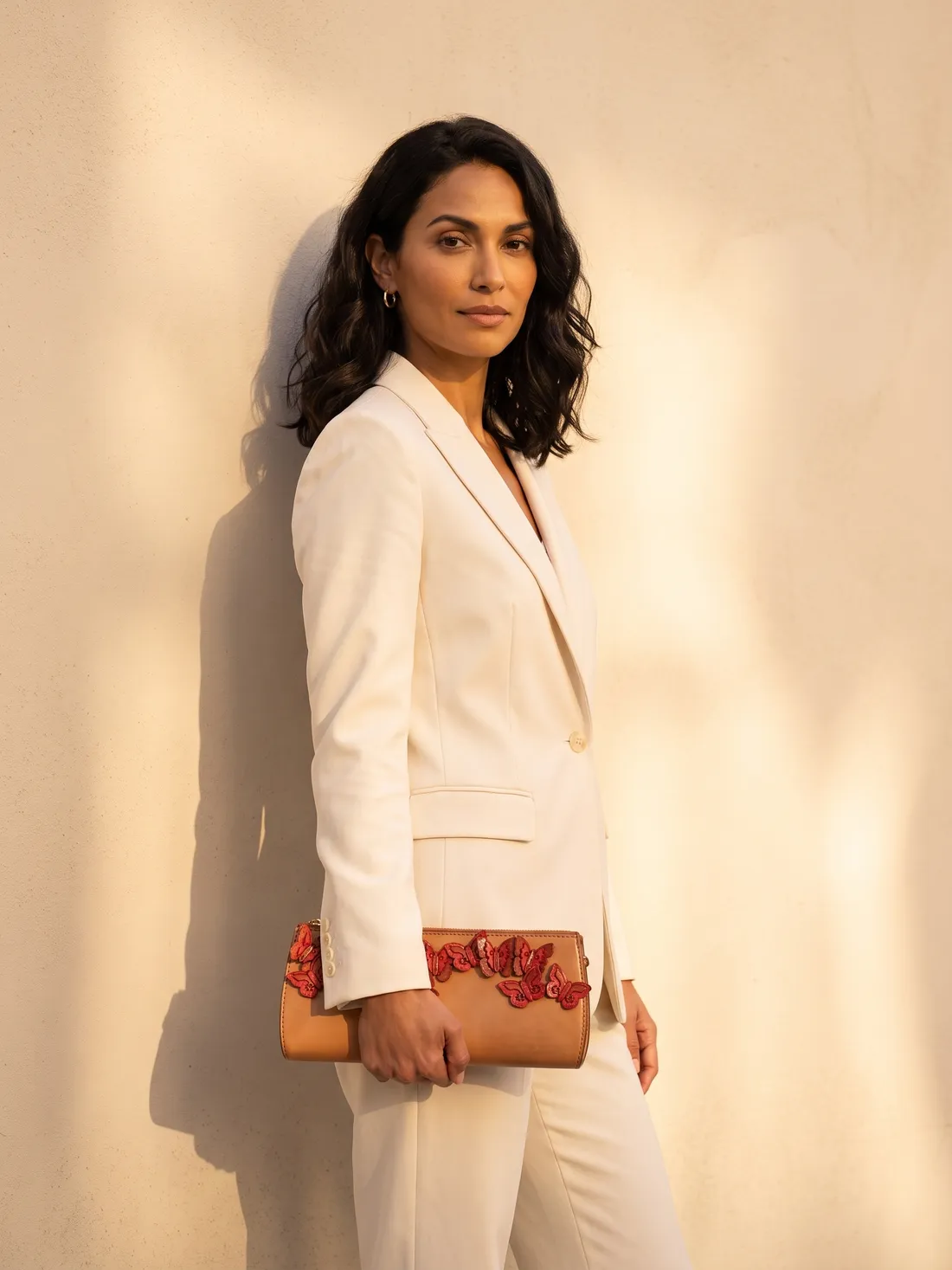 GÖN Handmade Kelebek Clutch worn — carried in Camel, from the campaign