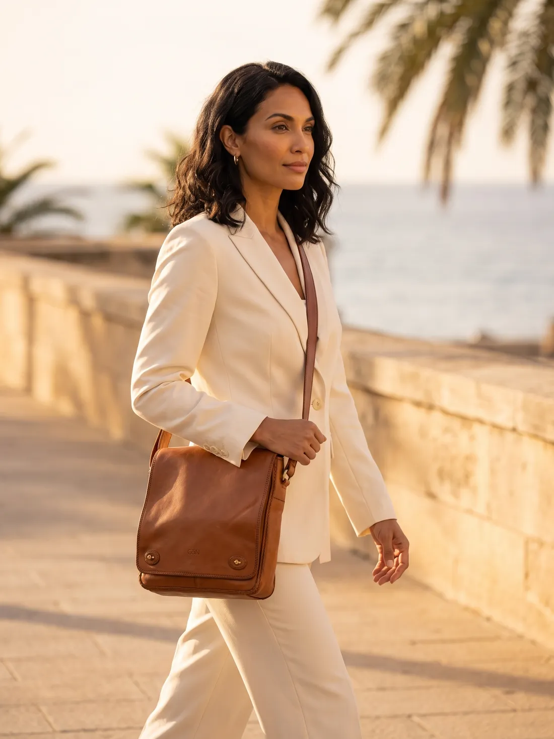 GÖN Handmade Yalo Messenger Bag worn — carried in Tan, from the campaign