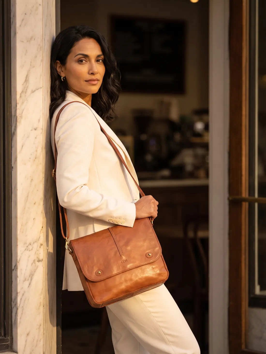 GÖN Handmade Salo Messenger Bag worn — carried in Tan, from the campaign