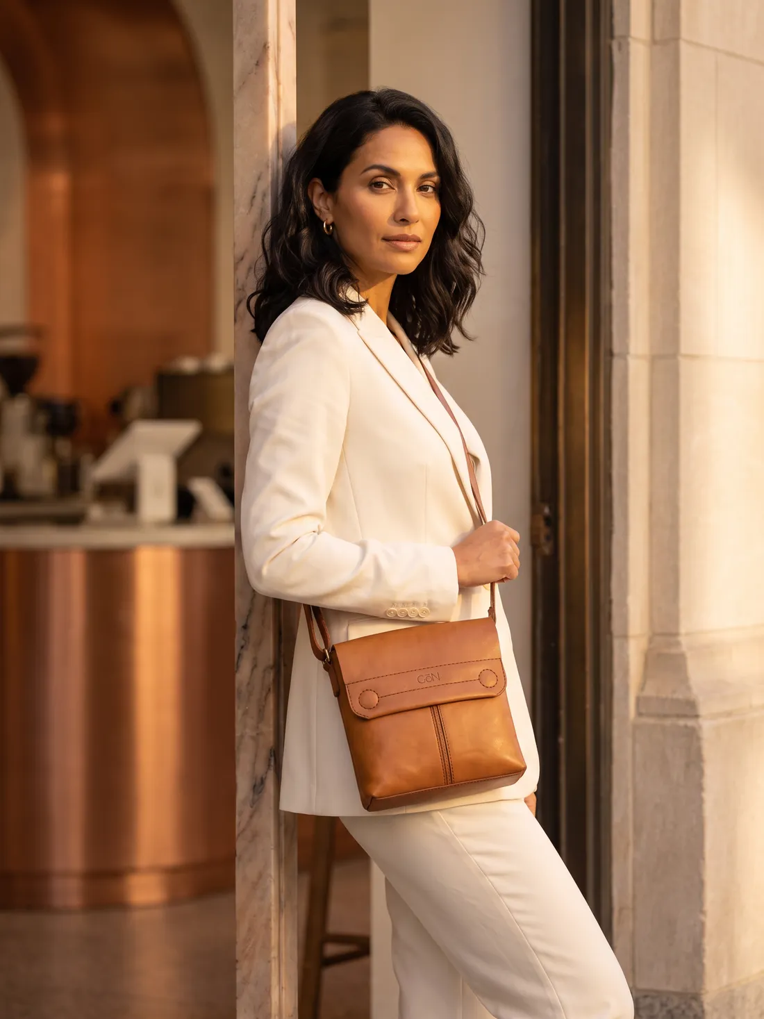 GÖN Handmade Capa Messenger Bag worn — carried in Tan, from the campaign