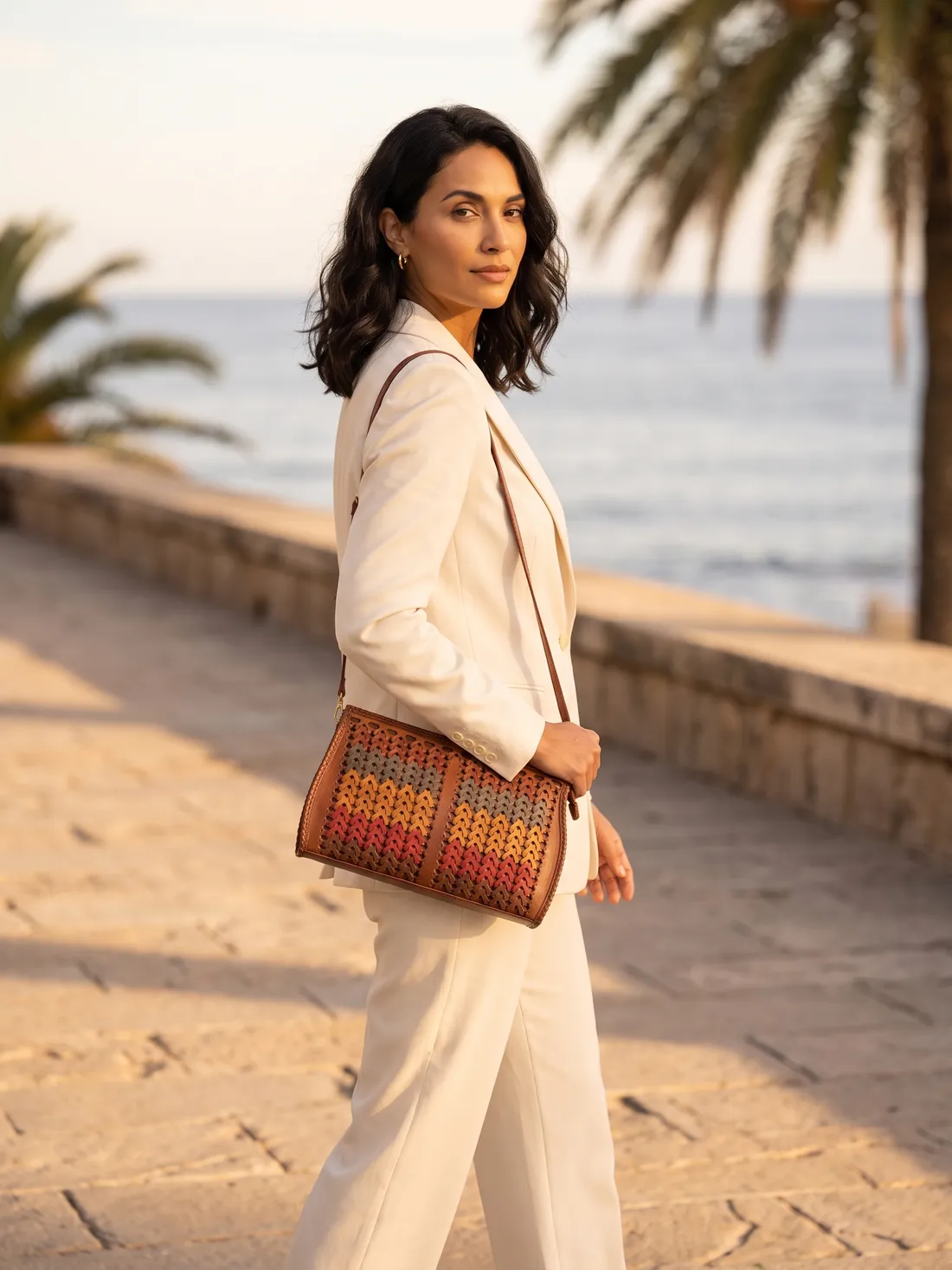 GÖN Handmade Hup Crossbody Bag worn — carried in Tan, from the campaign