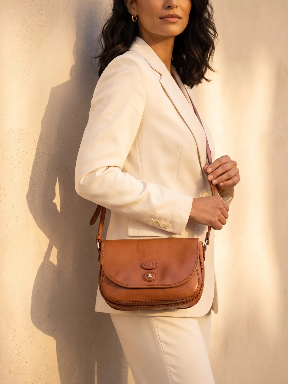 GÖN Handmade Asa Saddle Bag worn — carried in Tan, from the campaign