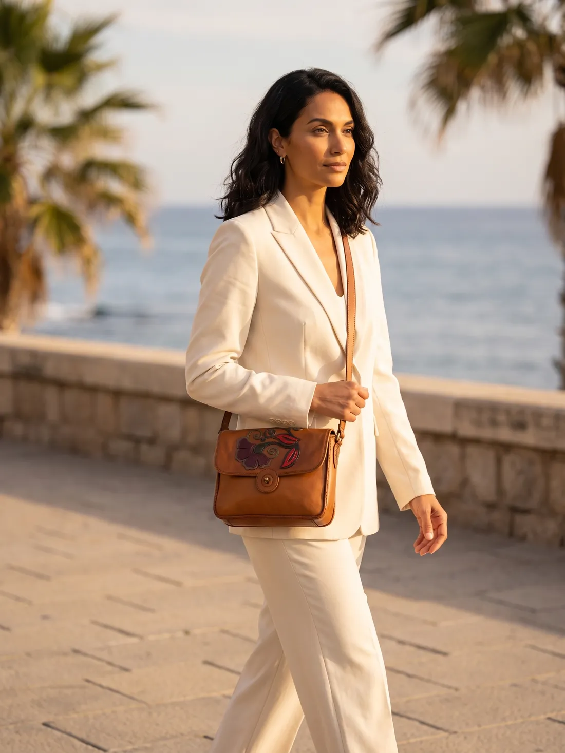 GÖN Handmade Nina Crossbody Bag worn — carried in Tan, from the campaign