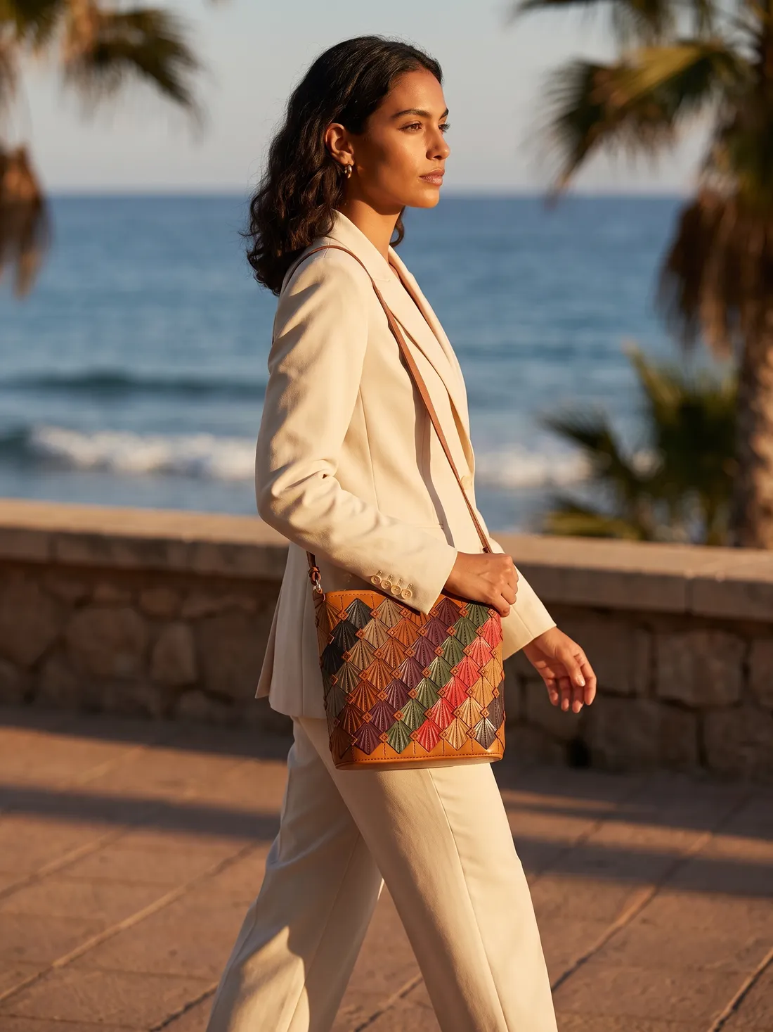 GÖN Handmade Kristal Multi Bucket Bag worn — carried in Tan, from the campaign