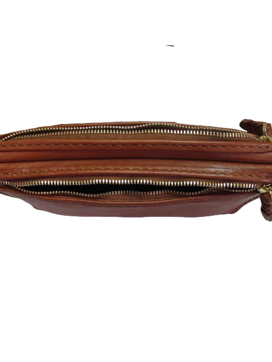 GÖN Aye belt bag in tan leather, worn at the waist or across the body