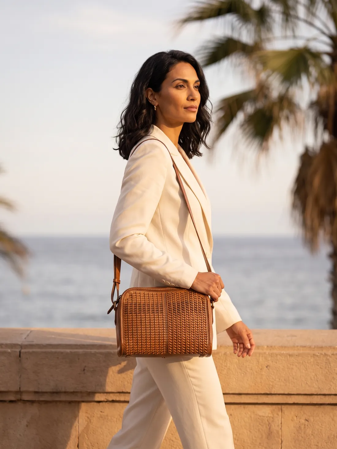 GÖN Handmade Kero Crossbody Bag worn — carried in Tan, from the campaign