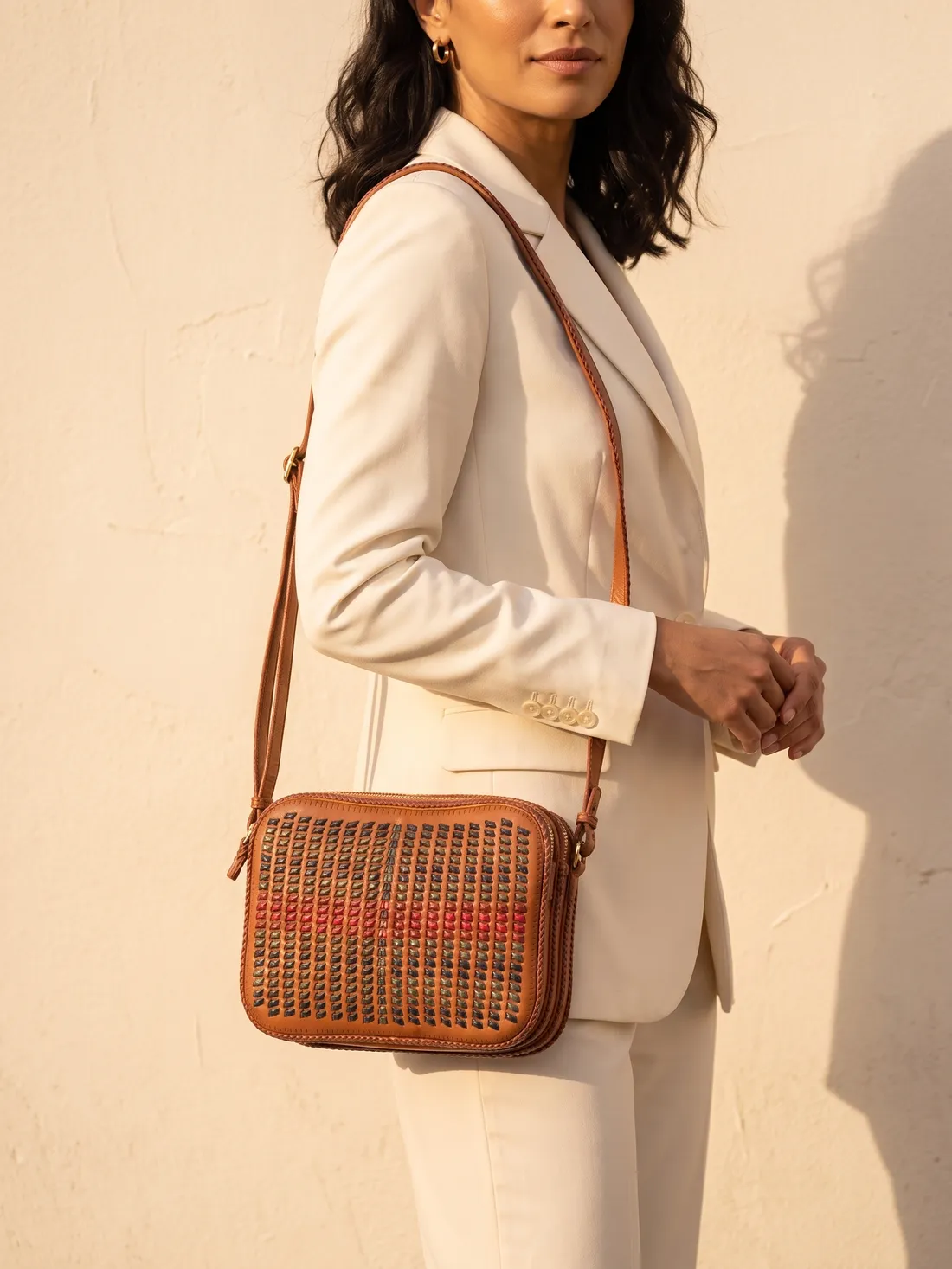 GÖN Handmade Mot Crossbody Bag worn — carried in Tan, from the campaign