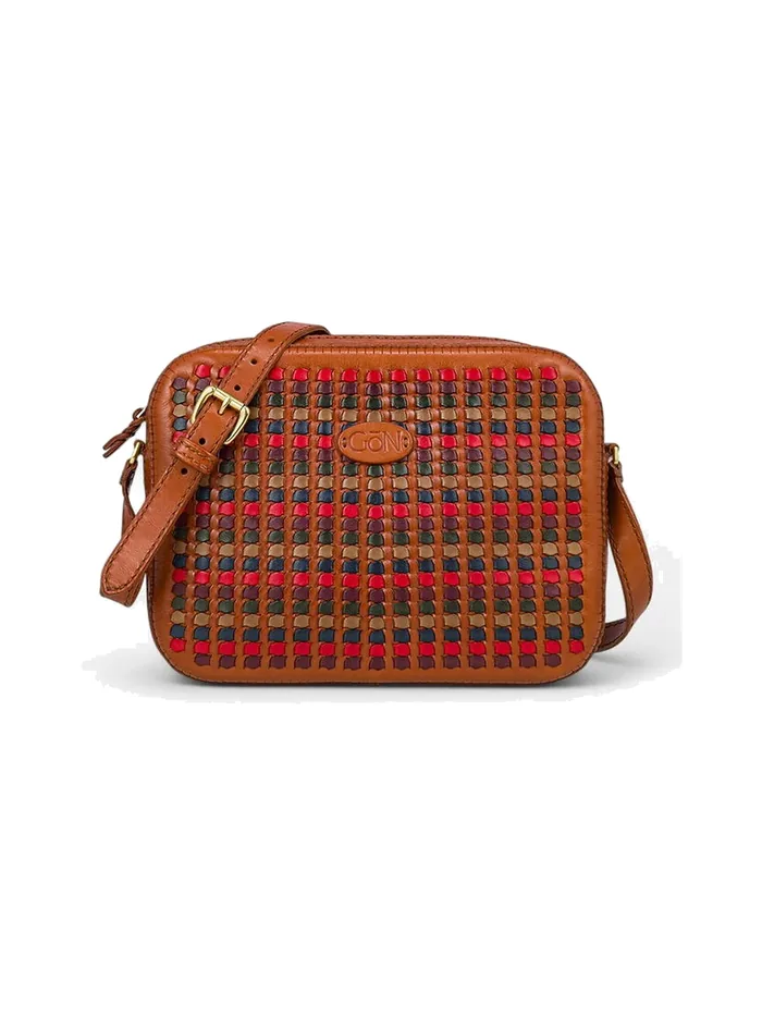 GÖN tan multicolor hand-woven leather camera crossbody bag