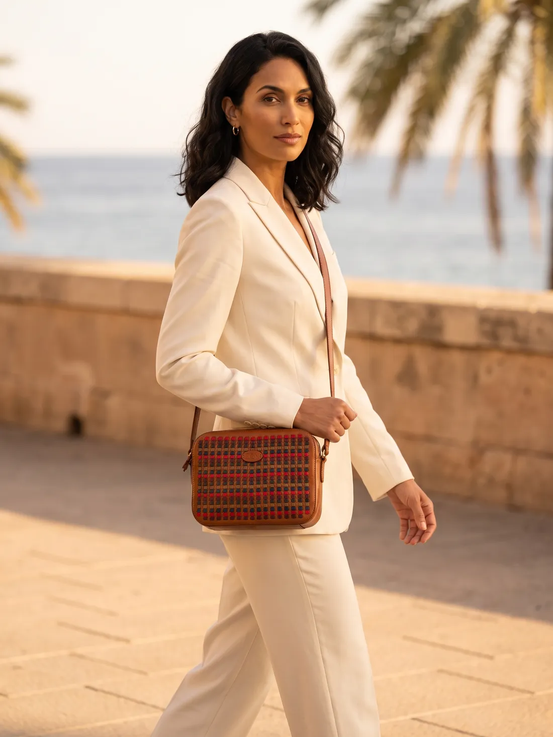GÖN Handmade Woven Camera Bag worn — carried in Tan Multi, from the campaign