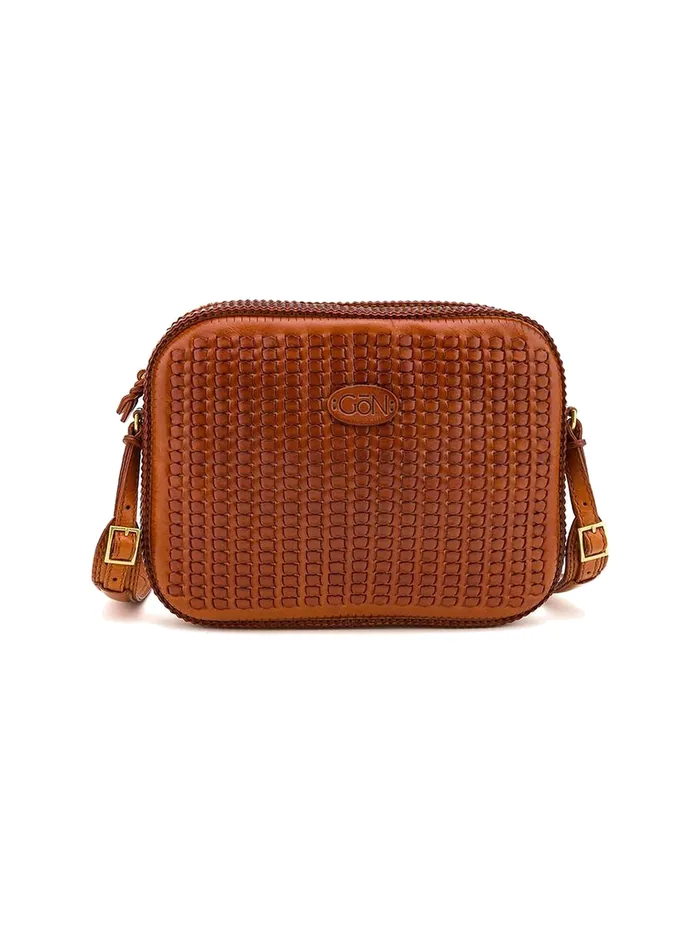 GÖN tan basketweave-embossed leather camera bag