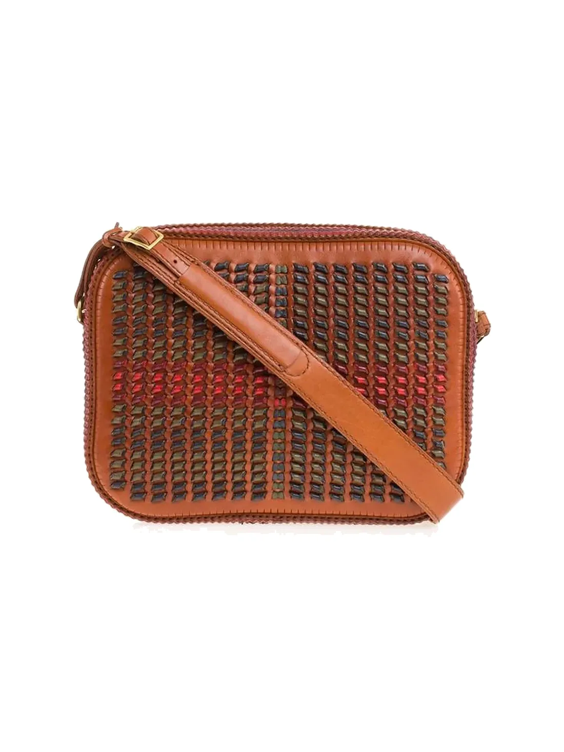 GÖN tan multicolor check-woven leather camera crossbody bag