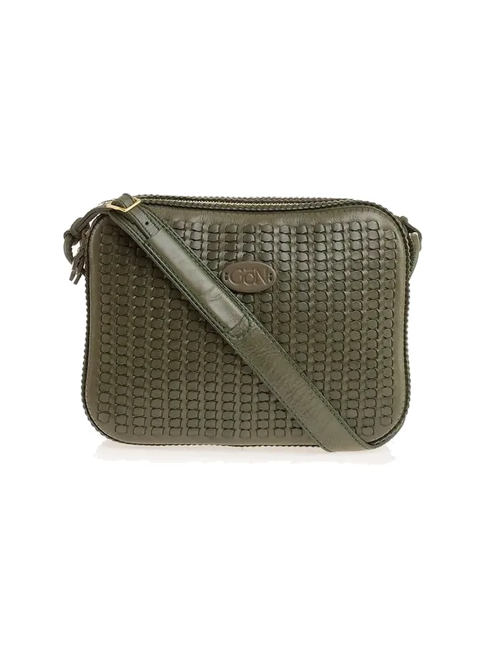 GÖN olive fine-woven leather zip-top crossbody bag