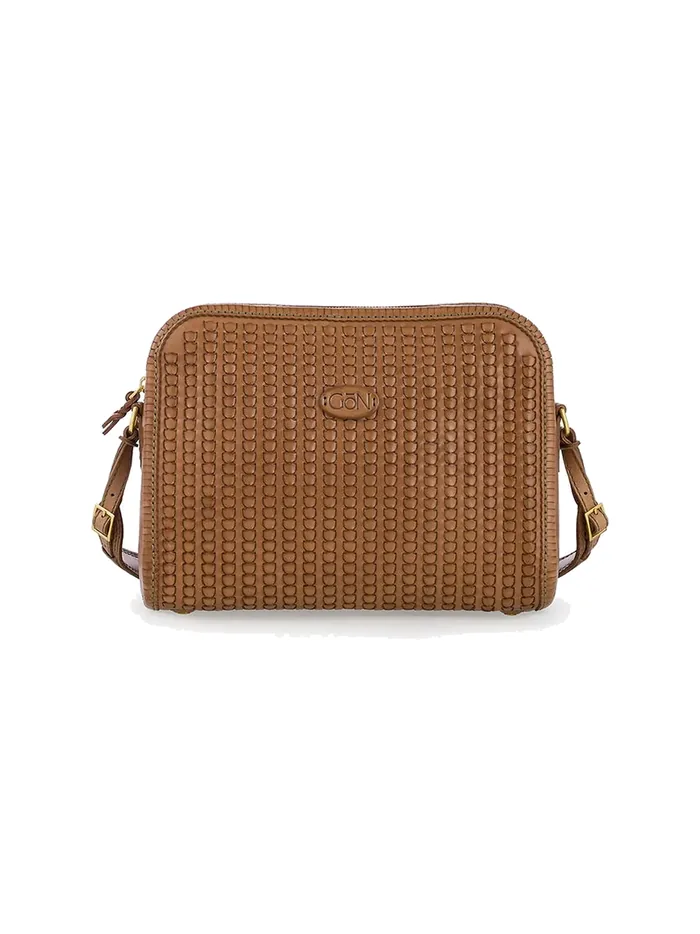 GÖN caramel basketweave dome leather crossbody bag