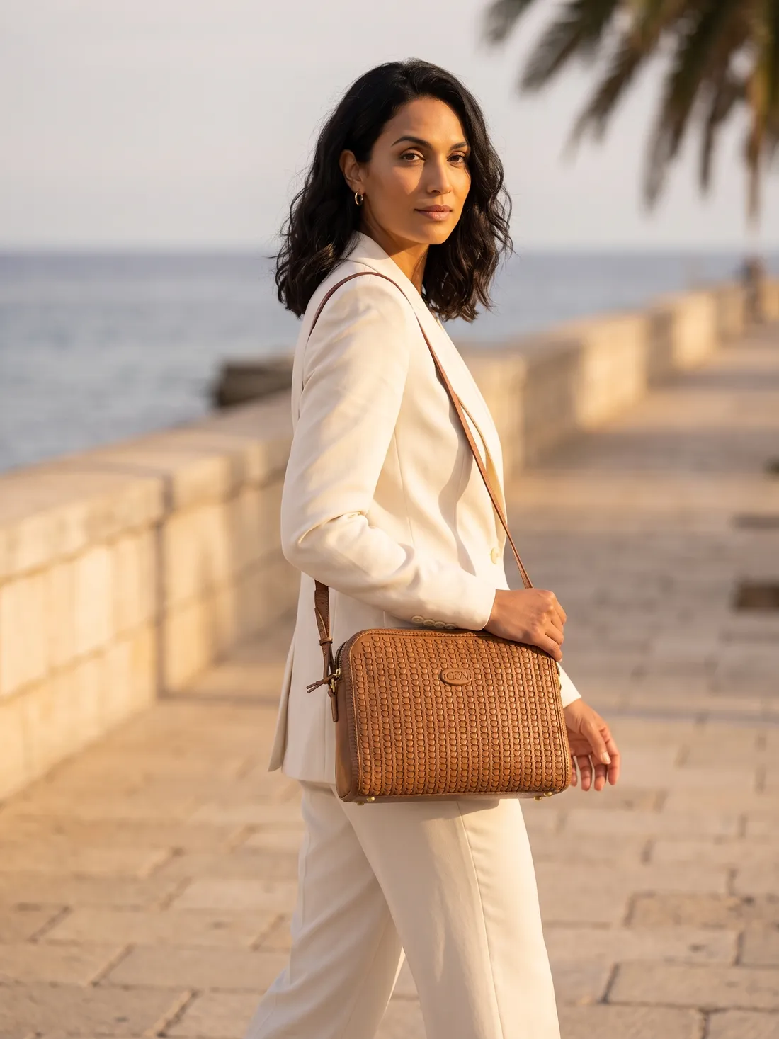 GÖN Handmade Dome Crossbody Bag worn — carried in Caramel, from the campaign