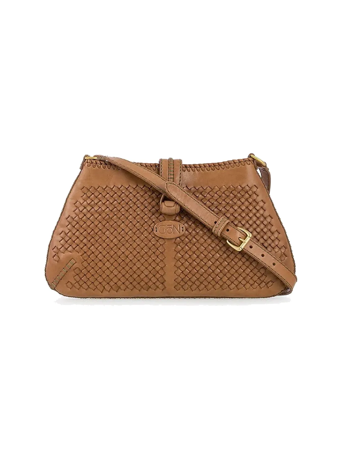 GÖN camel slim hand-woven leather flap crossbody