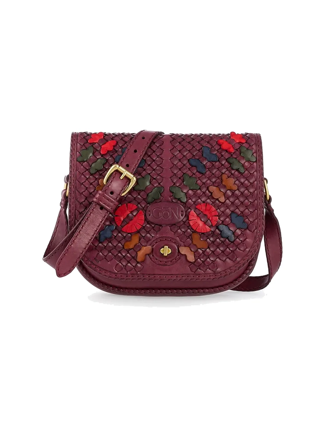 GÖN plum multicolor saddle flap leather crossbody with leaf detail